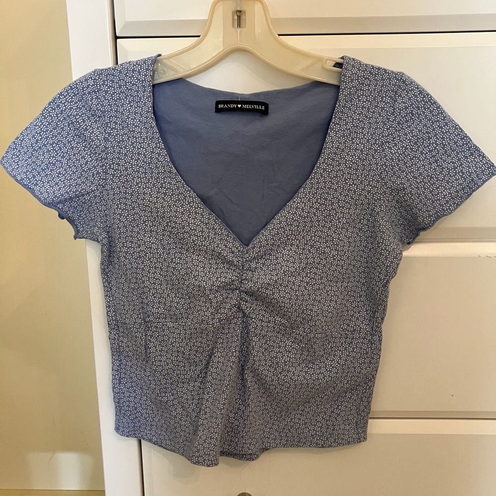 Brandy Melville Blue Floral Short Sleeve Top